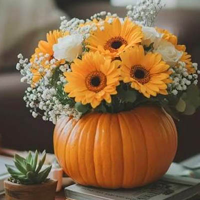 flower arrangement in pumpkin